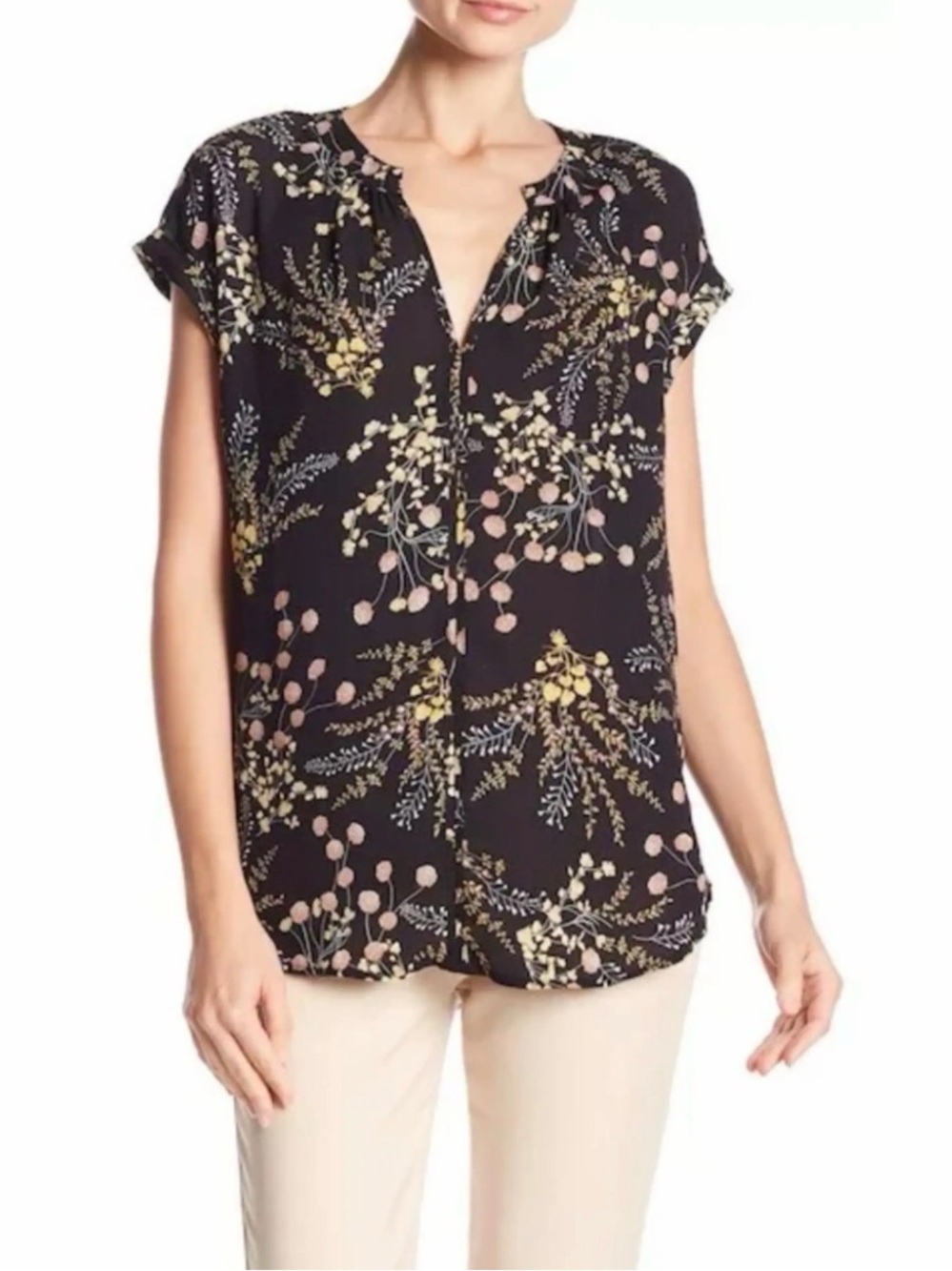 Philosophy Black Floral Short-Sleeve V-Neck Blouse